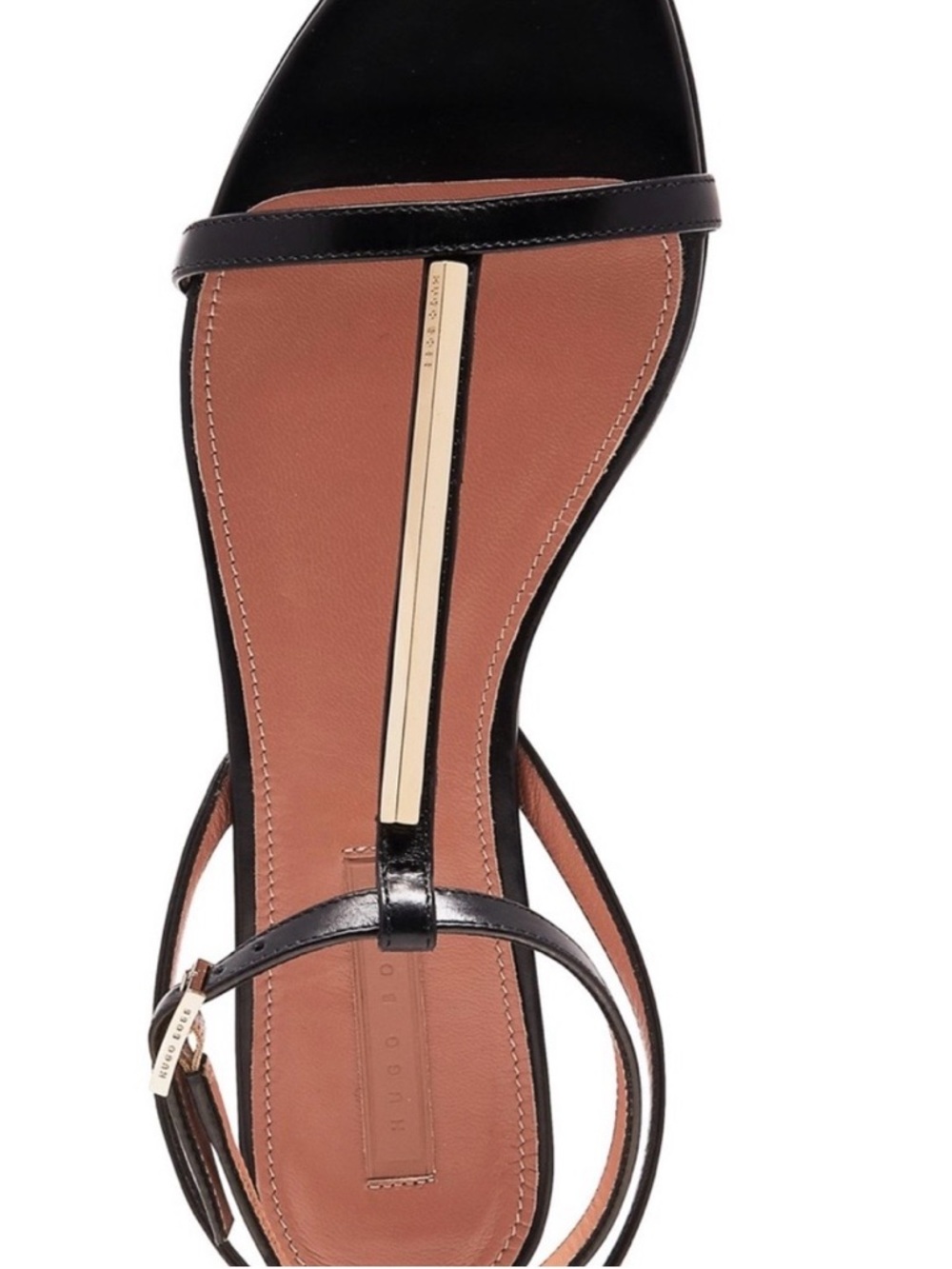 HUGO BOSS Leather T-Strap Sandals with Metallic Accent Women’s Black Sz 38/ 7.5 - Picture 5 of 12